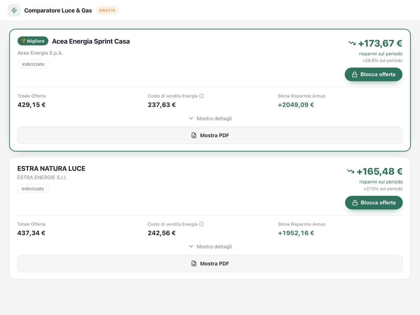 Comparatore: offerte ordinate dalla più conveniente con pulsante Blocca offerta